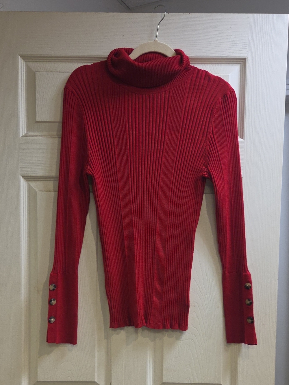 Anthropologie Red Ribbed Turtleneck Sweater with Button Cuffs